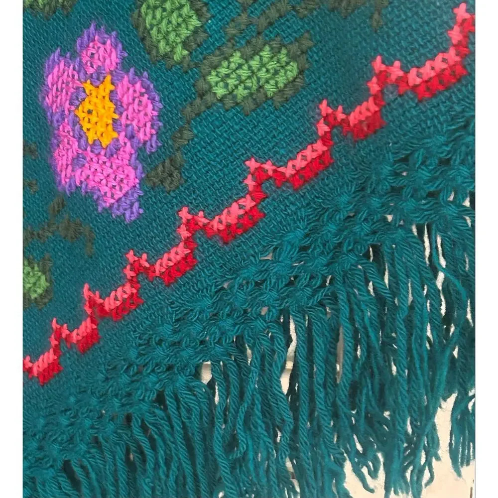 Vintage 70s Cross Stitch Floral Poncho Fringe Boho Folk Teal Cape Shawl -